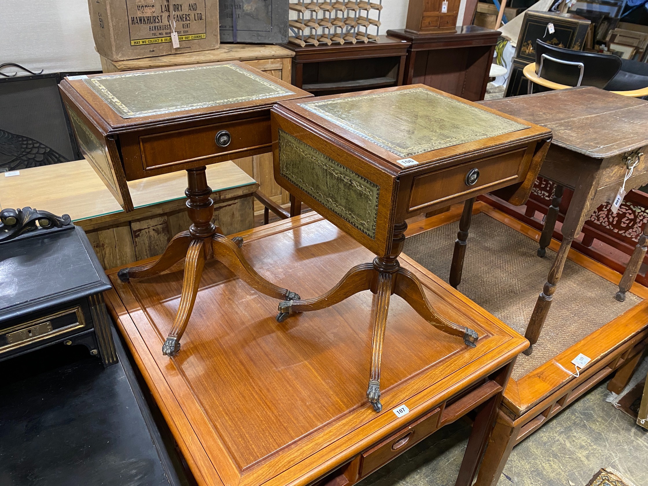 A pair of reproduction mahogany drop flap occasional tables, width 46cm, depth 38cm, height 60cm